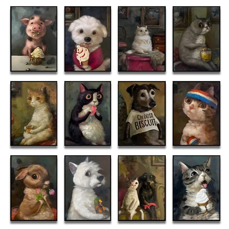 Animali divertenti Personifica Poster Stampa Gatto Cane Coniglio Criceto Mangia qualcosa Tela Wall Art per soggiorno Home Decor Senza cornice