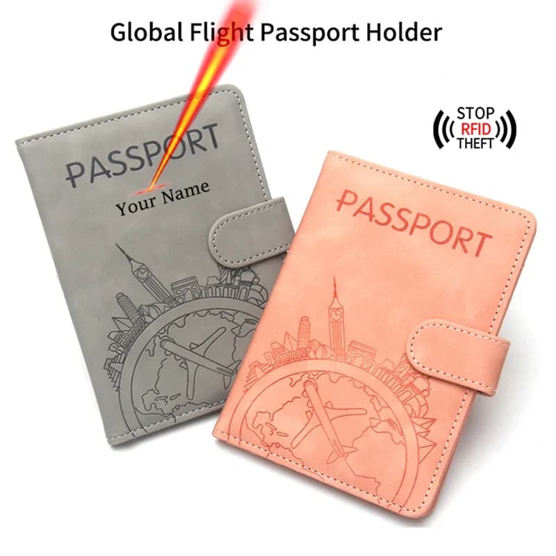 Porta passaporto di volo globale Rfid Nome inciso al laser Copertina per passaporto Portafoglio da viaggio con nome personalizzato