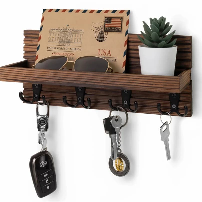 Wooden Key Holder for Entryway Decor Wall Mounted Mail Organizer and Key Hanger with 4 Hooks Rustic Rack for Keys Sunglasses