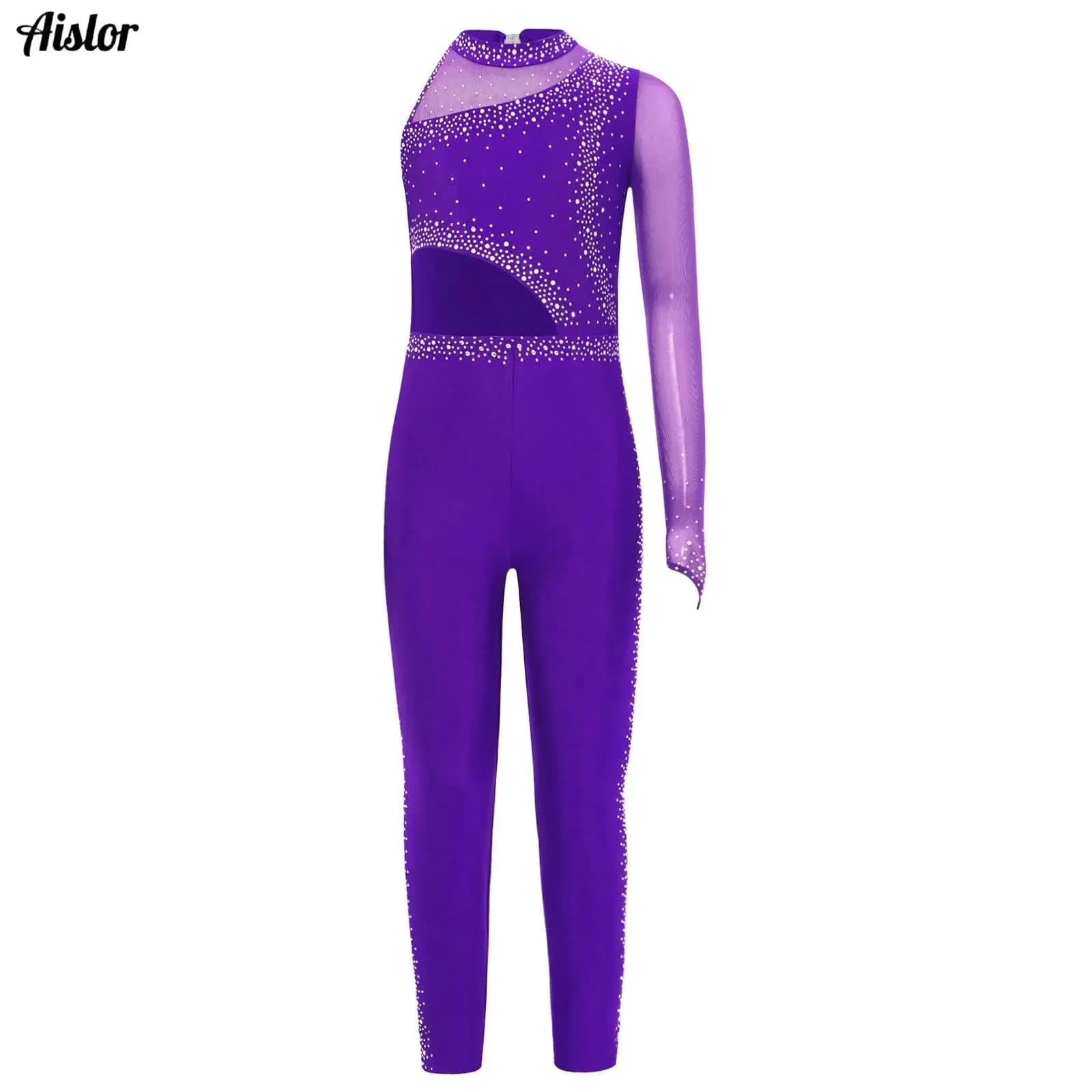 Body per bambina, ginnastica, pattinaggio di figura, danza, tuta, monospalla, maglia trasparente, patchwork, strass scintillanti, body completo per tutto il corpo