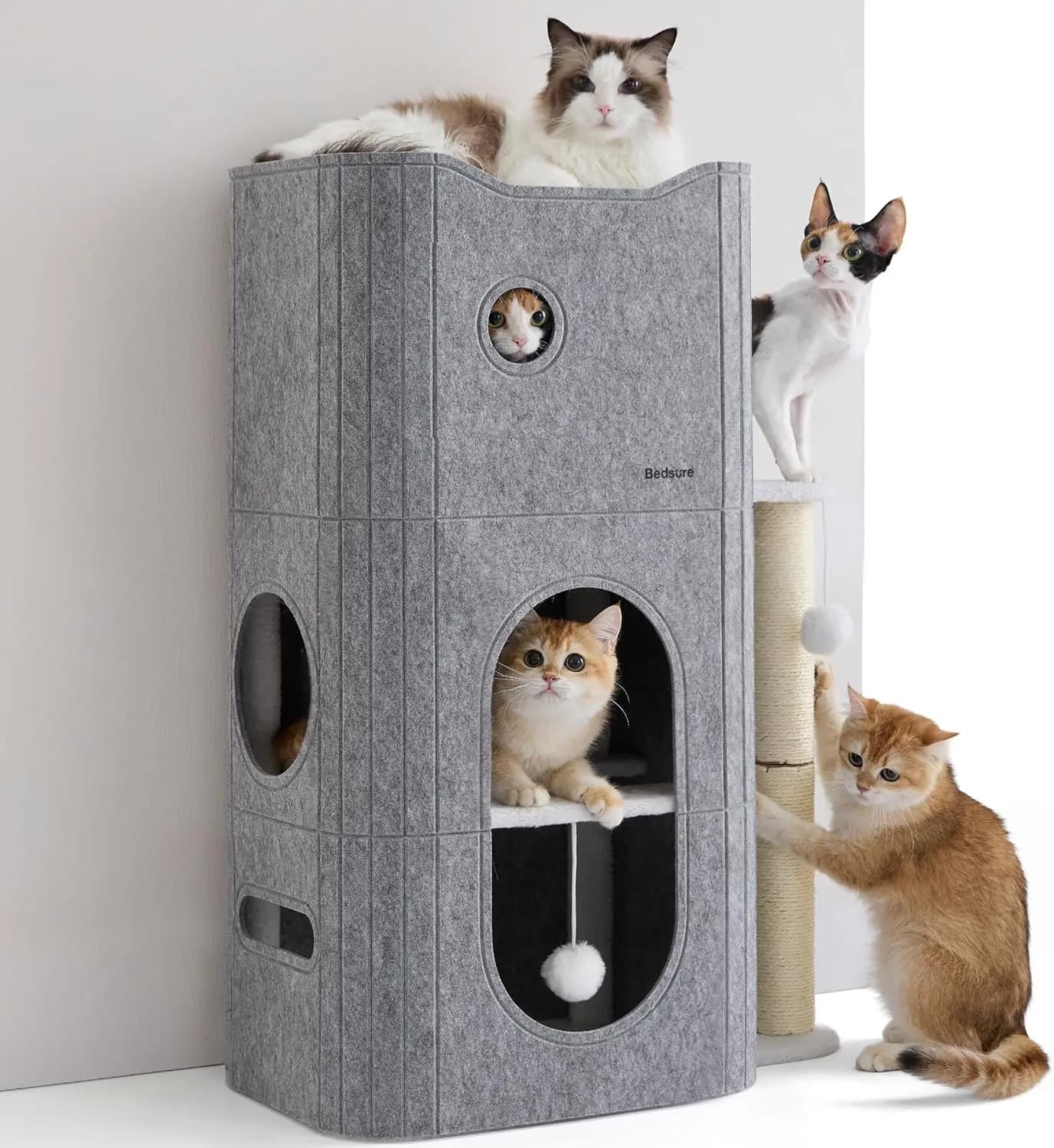 Albero per Gatti a 3 Livelli con Tiragraffi, Cuccia Nascondiglio e Giocattolo Sospeso per Gatti Multipli per Giocare e Dormire