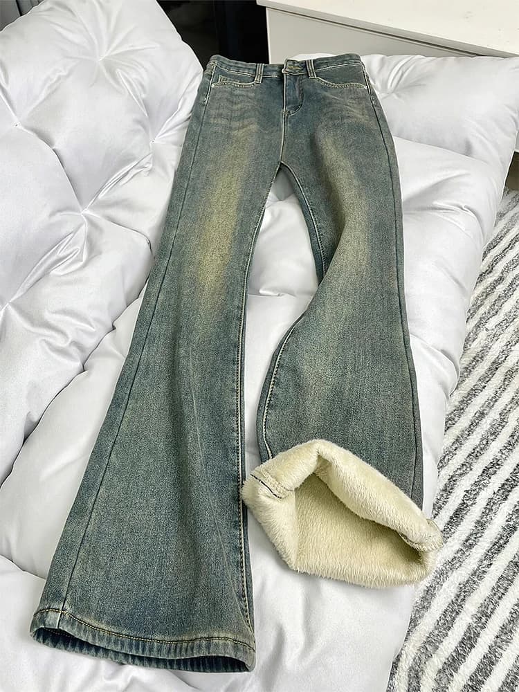 Retro Blue Fleece Lined Thick Straight Leg Jeans Women Winter Large Size plus High Waist Elastic Hiding Hip Slimming Micro Fl...