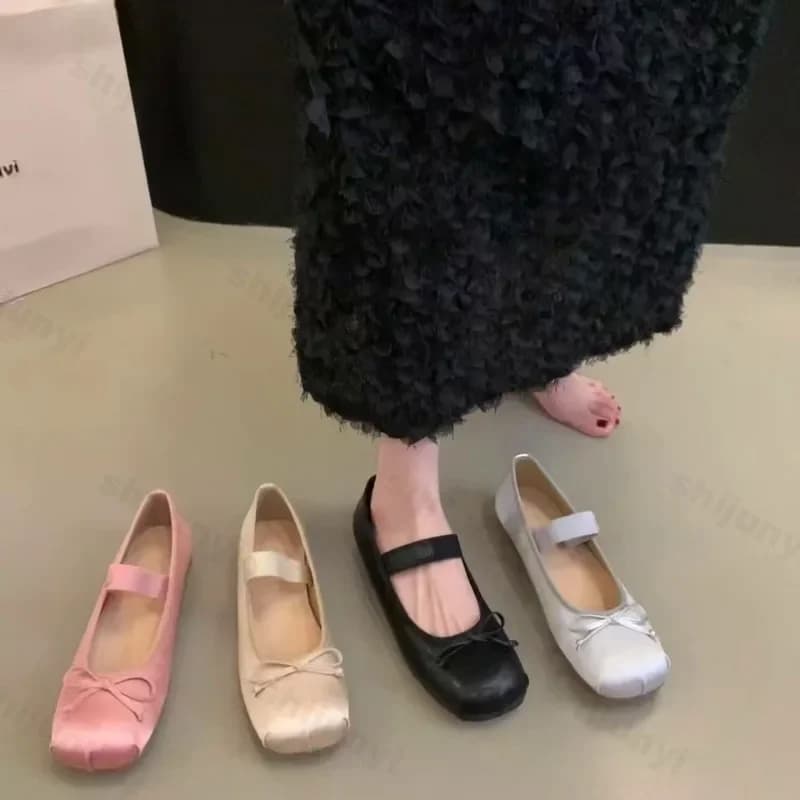 Woman Ballet Flats Female Luxury Retro Shoes Classic Square Toe Bowtie Elastic Band Ballerina Flats Ladies Soft Loafer Mary Jane