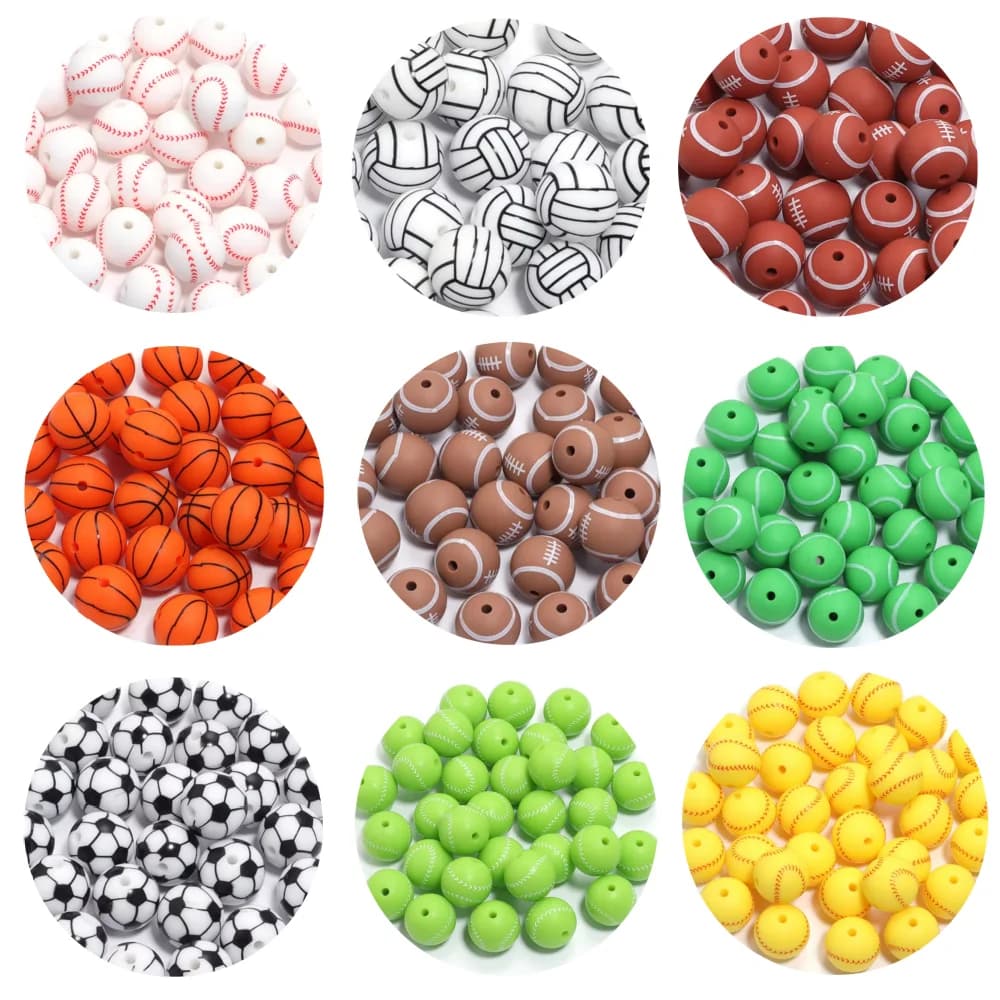 LOFCA 10Pc perline in Silicone stampate rotonde 15MM calcio Baseball Tennis basket perline stampate in Silicone accessori per gioielli fai da te