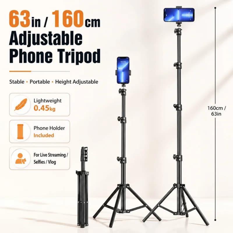 Treppiede Pieghevole per Telefono, Supporto Multifunzione per Fotocamera, per Riprese Video Live e Fotografia, Regolabile con Supporto per Telefono e Gambe Estensibili