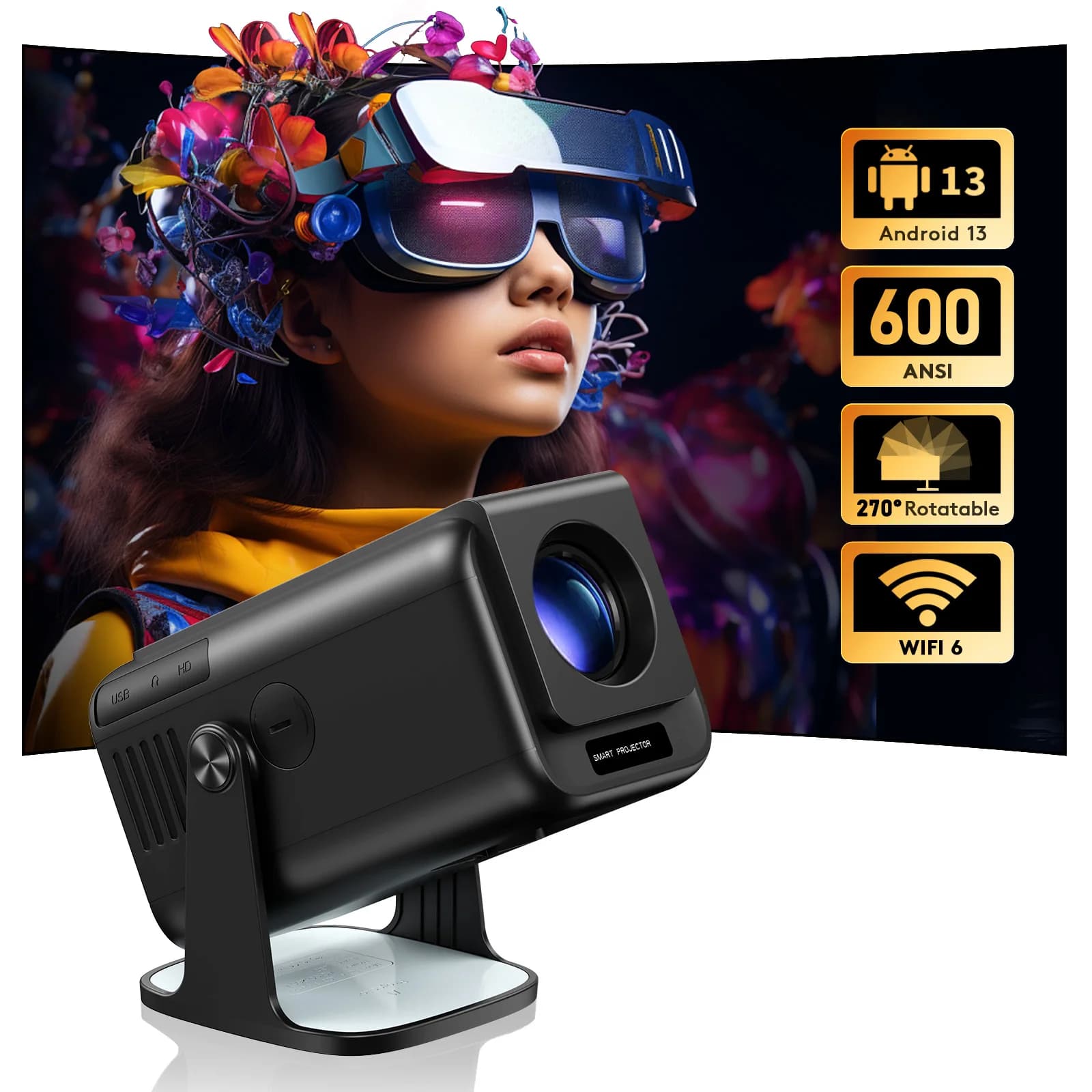 Proiettore portatile 1080P HD e 4K HY500 supportato nel sistema Android con accessori per la funzione di mirroring dello schermo wireless