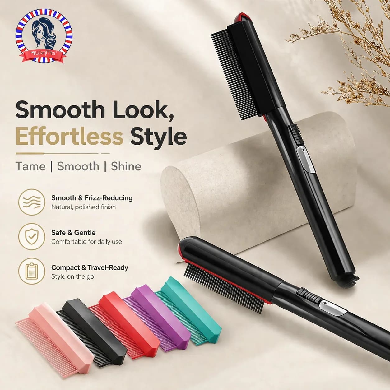 Pettine Elettrico Portatile WANMEI per Lisciare i Capelli, Pettine Anti-Scottatura per Capelli Naturali, Strumento di Styling per Barbieri