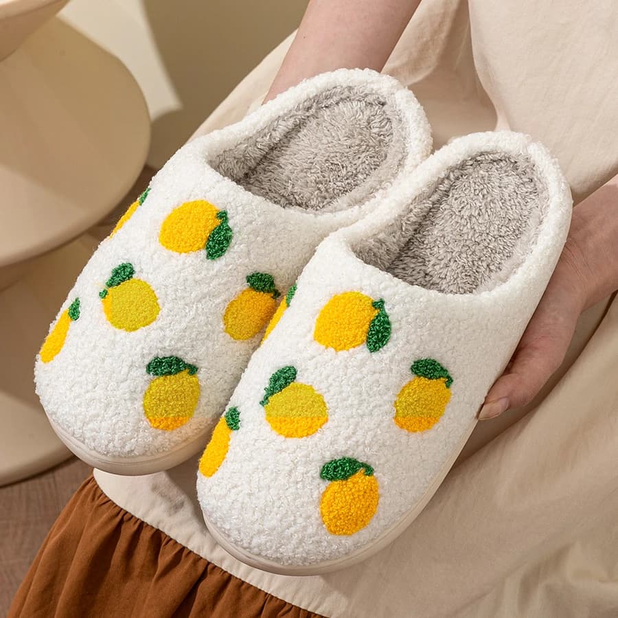 Cute Fruit Lemon Embroidery Children's Winter Slippers Indoor Comfortable Warm Parent-child Shoes Casual Bedroom Home Shoes