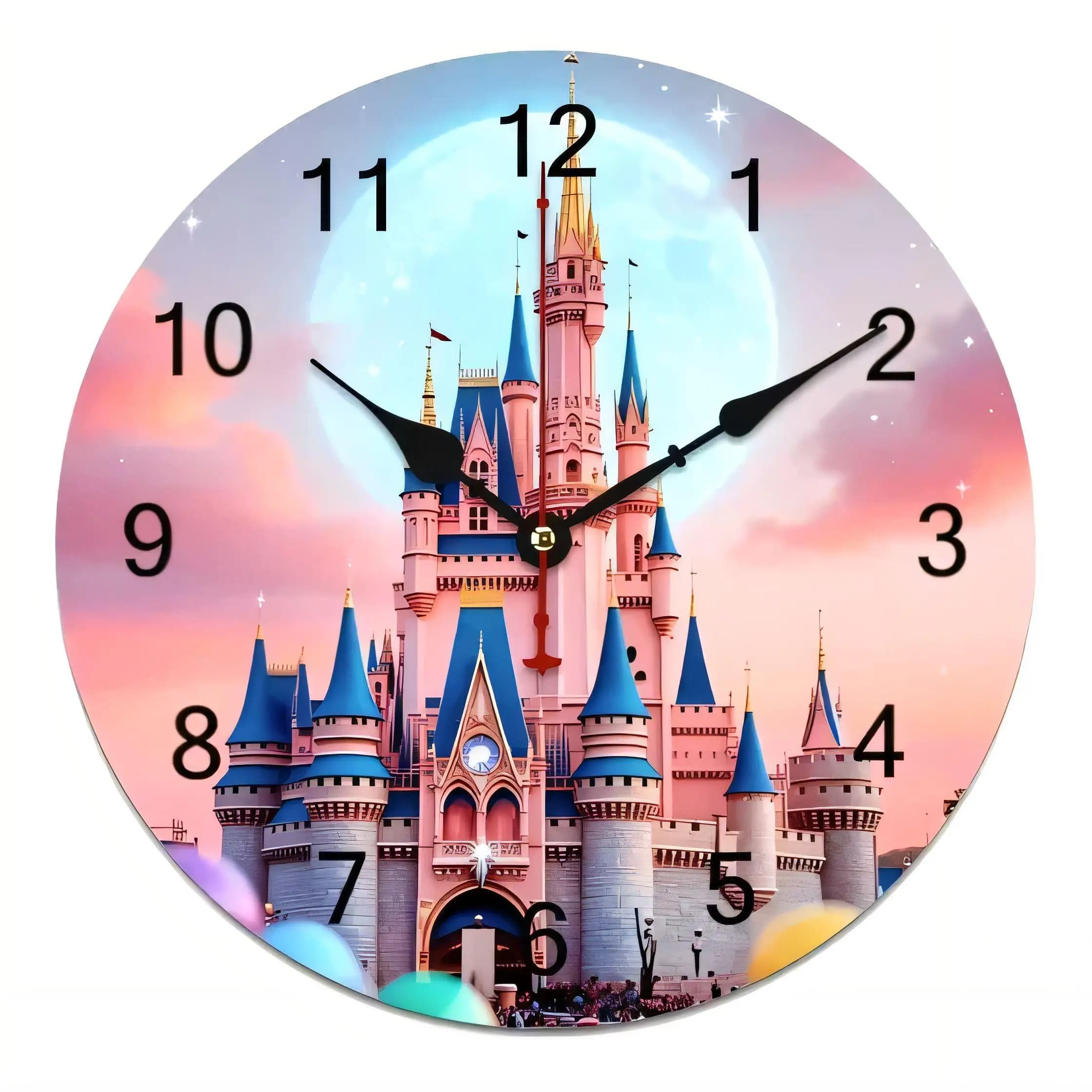 Magical Fairytale Castle Wall Clock with Moon Stars Balloons Decorative Home Art Silent Non Ticking Battery Operated for Kids R