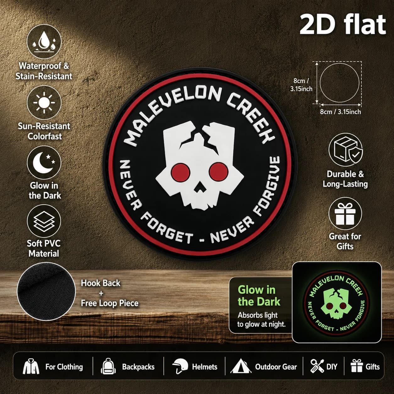 Malevelon Creek Broken Skull Round Slogan Glow-In-The-Dark Effect 2D Flat Pvc Material Magic Patch Free Backing Material Optional Specifications 1Pc2Pcs3Pcs Game Soft Rubber Morale Patch Backpack Vest Helmet Decoration Patch
