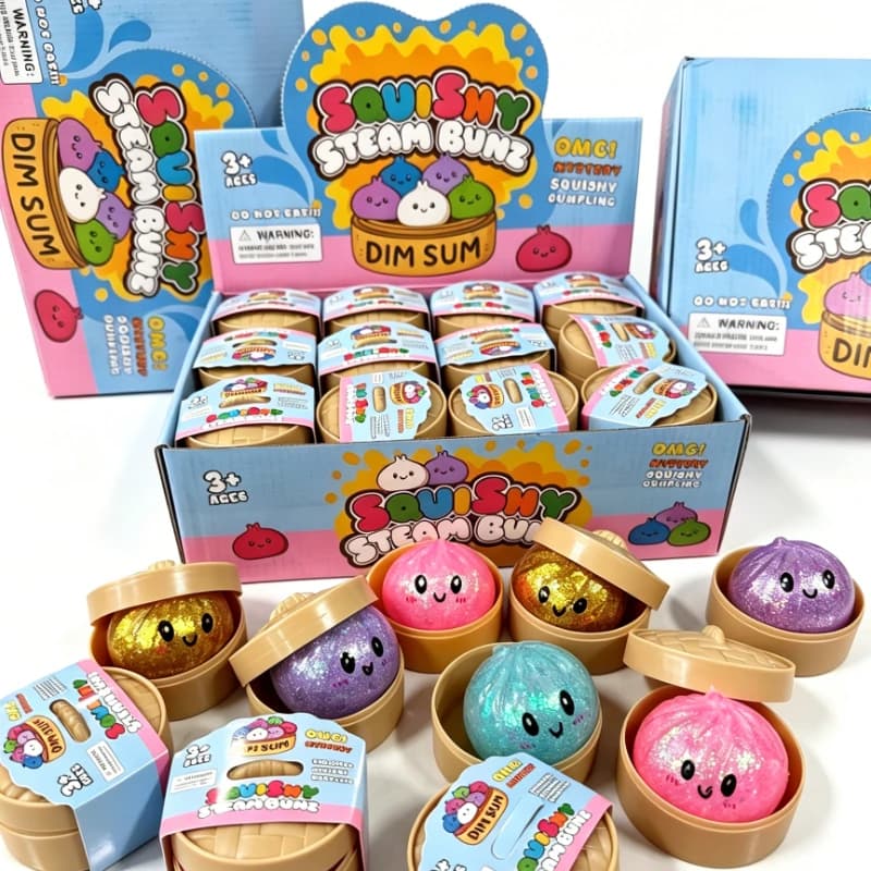 Colorful Dumpling Shaped Blind Box Squeeze Toy with Bamboo Steamer Soft TPR Dough Ball Fidget Toy for Stress Relief And Decompre