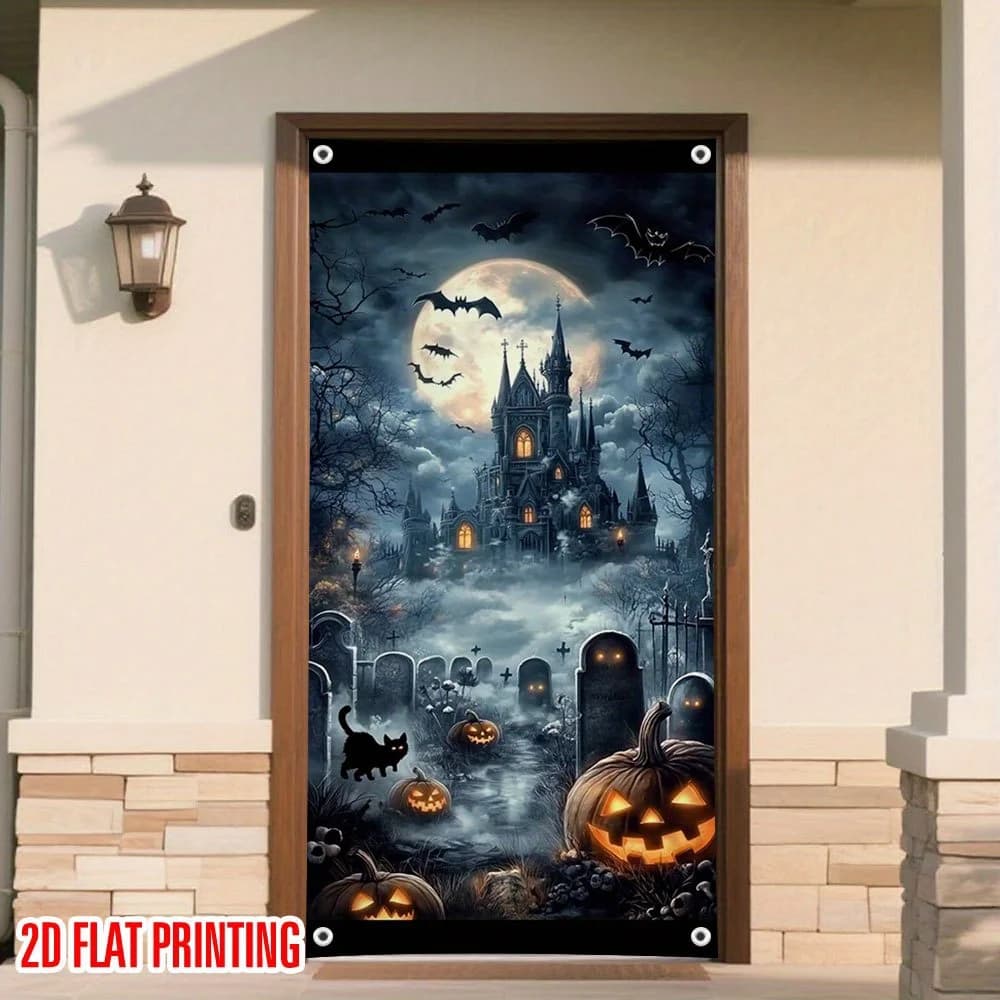 Two-dimensional flat banner, 1 Halloween curtain - Ghost Castle, Bats, Pumpkin Lanterns - No additional tools required