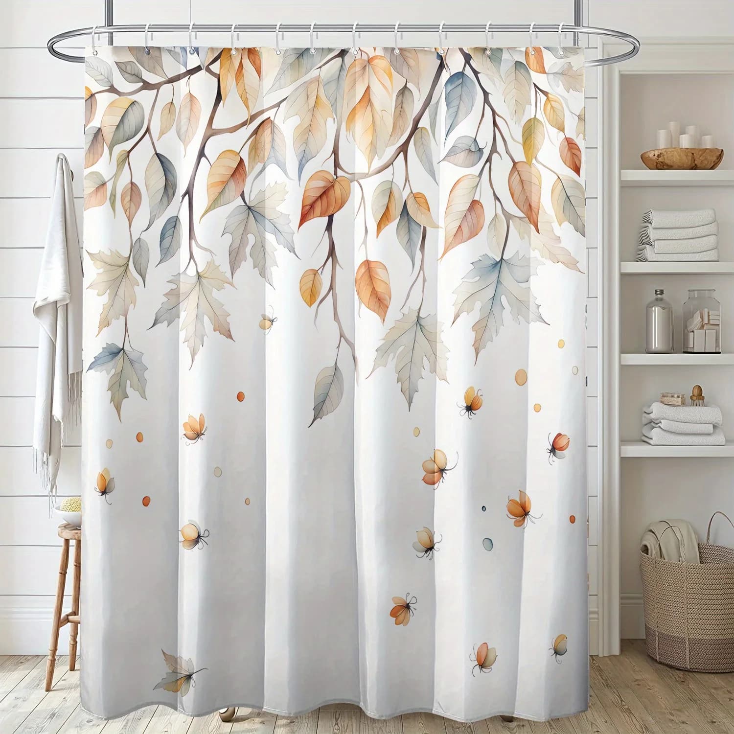 Tenda da doccia con sfumatura di farfalle e foglie autunnali, impermeabile, lavabile in lavatrice, con ganci, tenda da bagno elegante blu arancione