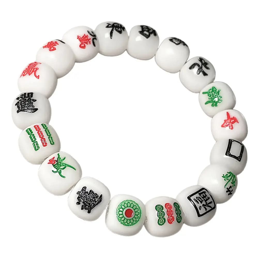 Braccialetto con Perline Mahjong Fatto a Mano, Bracciale Elastico Regolabile in Radice di Bodhi, Gioiello Cinese Mahjong, Regalo