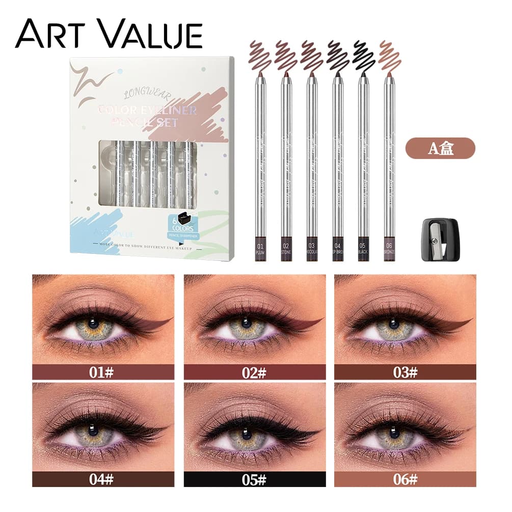 ART VALUE 6 Color Matte Eyeliner Pencil Makeup Sets Easy Coloring Sweat Proof Eyeshadow Pencil Lasting Shimmer Eyeliner Cosmetic