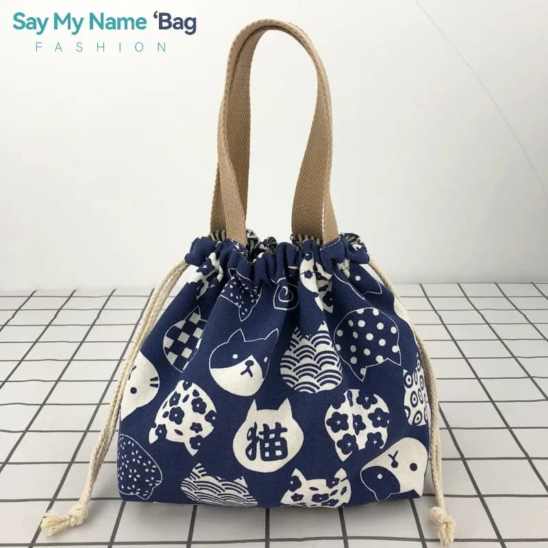 Japanese Pretty Bento Bag Tote Canvas Lunch Bags Cartoon Anime Bag with Foldable Drawstring contains two boxes for lunch