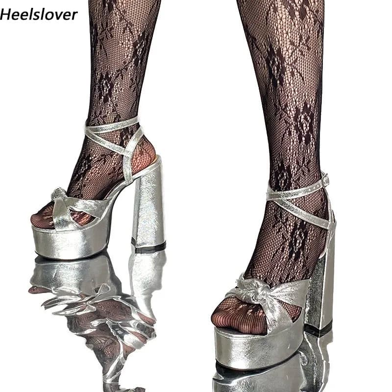 Ahhlsion Women Platform Sandals Hot Ankle Strap Chunky Heels Round Toe Gorgeous Silver Party Shoes Ladies Plus US Size 5-15