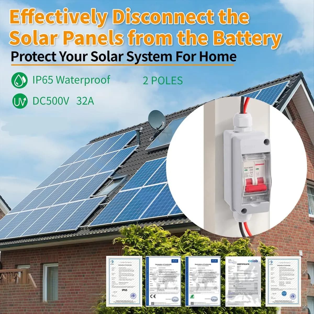 Interruttore Solare A56K DC 500V, Scatola Interruttore Solare 32Amp IP65 Impermeabile, Interruttore Automatico Miniatura per Impianti Fotovoltaici