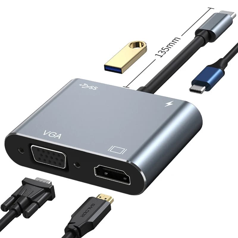 Hub USB-C 4-in-1 con HDMI 4K, VGA, USB 3.0 e ricarica PD da 100W | Docking Station Universale per MacBook e Laptop