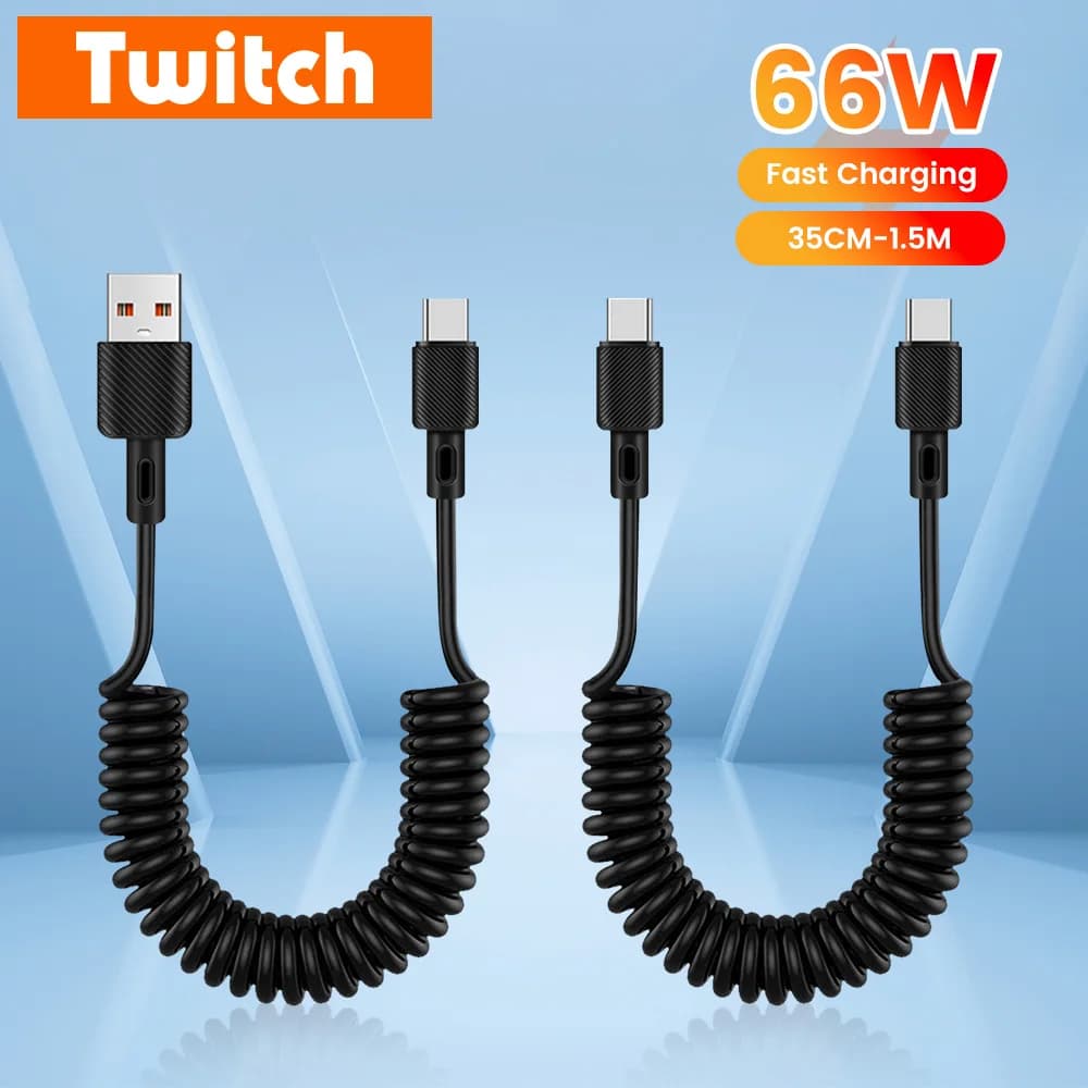 Cavo USB Tipo C Telescopico a Molla 66W per Auto, Ricarica Rapida, Cavo Dati Portatile Tipo C a Tipo C per iPhone 15 16 Pro e Telefoni Huawei