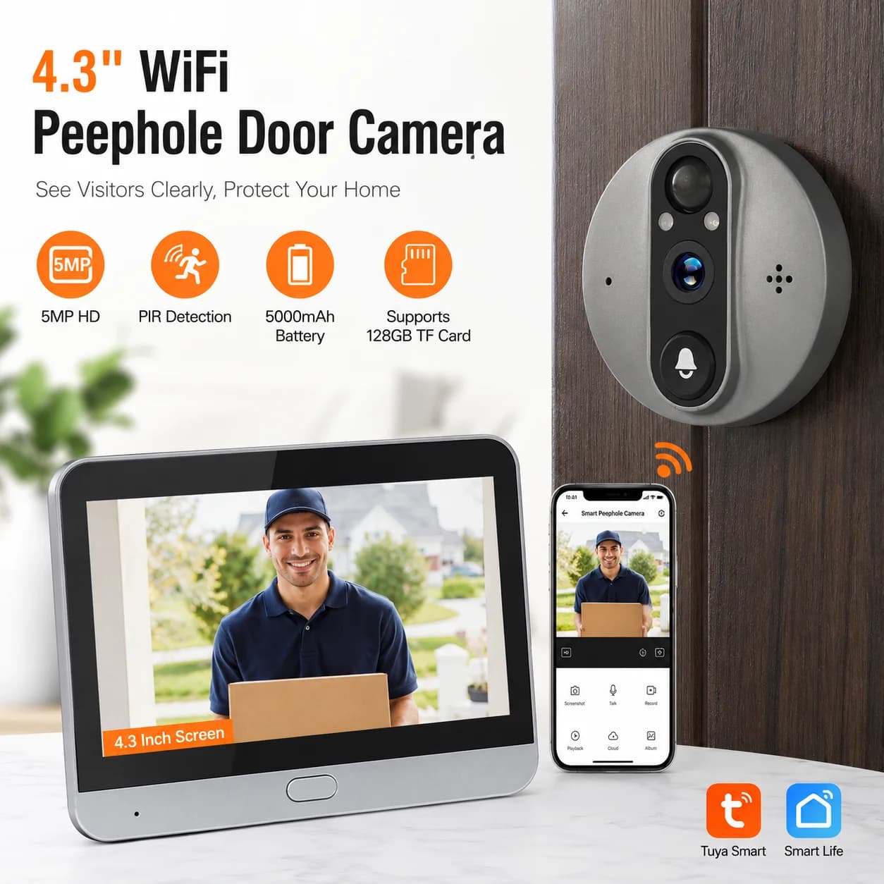 Smart 5MP Video Doorbell with 4.3" Monitor, 130° Wide Angle, PIR Detection, Night Vision, Tuya App, Alexa Google Home Security
