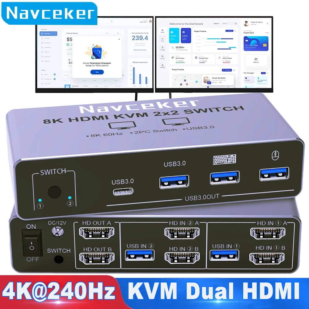 Switch KVM HDMI 2K 240Hz 2 monitors 2 pieces 4K 240Hz USB 3.0 8K Docking Station keyboard mouse sharing for portable desktop printer