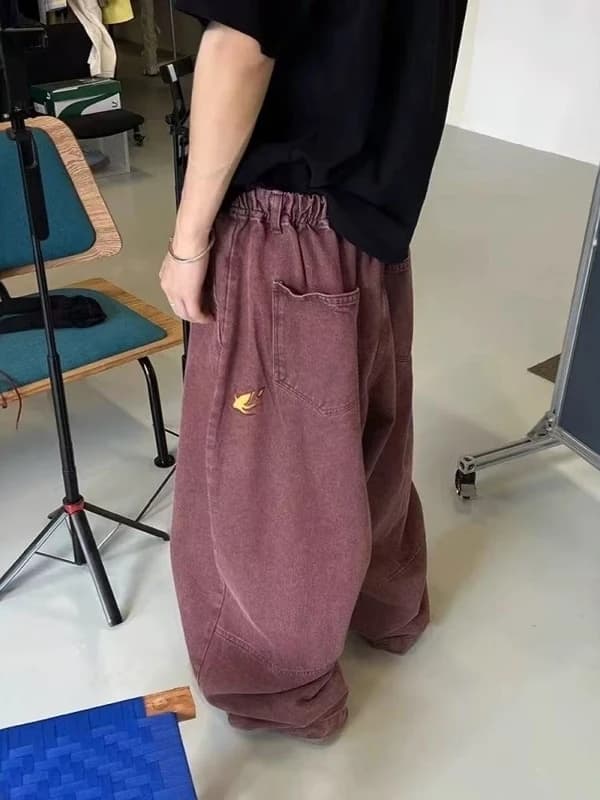 American Red Wine Color Embroidered Slimming Jeans Men Women Floor-Length Loose Retro Washed Long Trousers Lazy Style