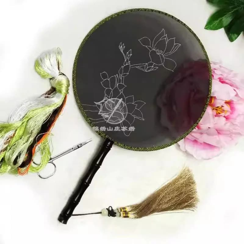 Kit Fai-da-Te per Ventaglio Tradizionale Cinese con Ricamo su Due Lati, Forniture per Cucito Artigianale con Manico in Legno