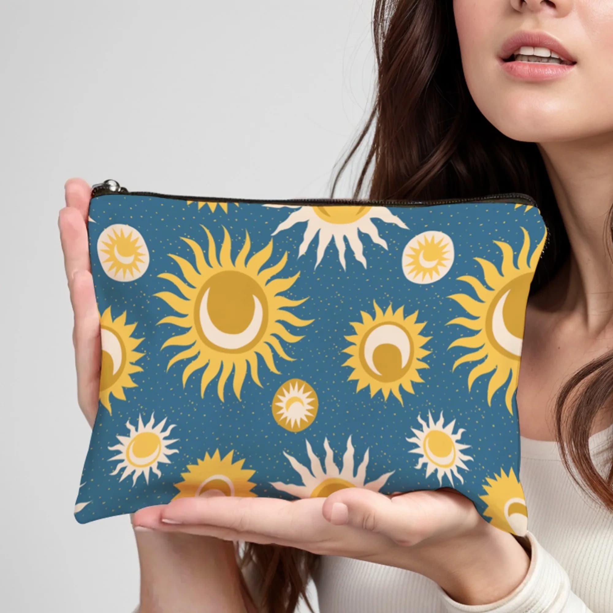 Moda stile Harajuku Sole e Luna Elementi stravaganti Matita da donna Borsa per cosmetici per studenti Borsa da viaggio leggera con cerniera