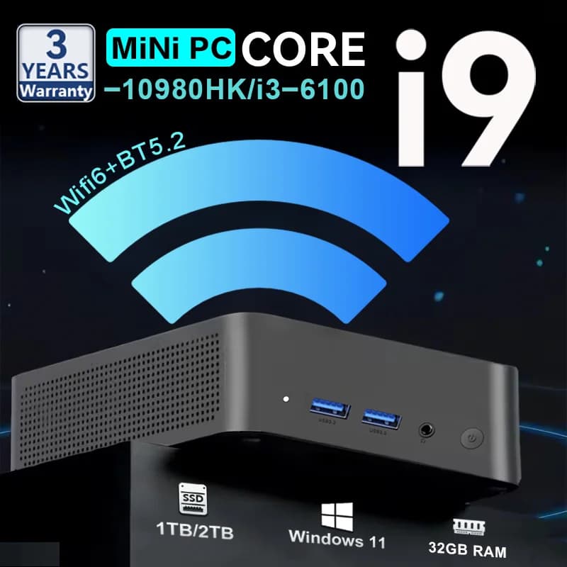 Mini PC Windows 11 Pro Core i9 10980HK/i3 6100 for Gaming, Office and Studio, with Laptop Bag, 32GB RAM, 1TB/2TB SSD, WiFi 6, BT5.2, PC Desktop 4K