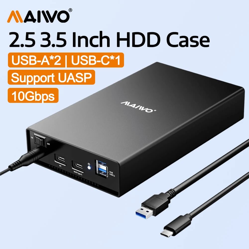 Box esterno per hard disk MAIWO (6 Gbps) con hub espansore da 10 Gbps per SSD/HDD SATA da 3,5 e 2,5 pollici, da USB-C a SATA III con UASP