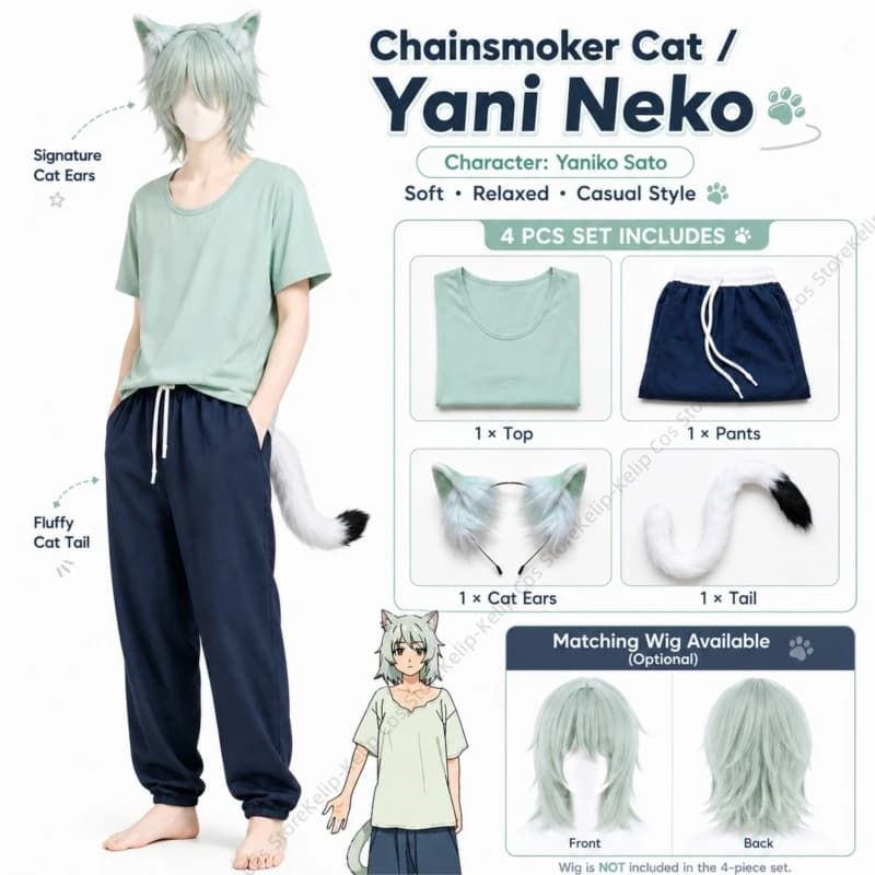 Chainsmoker Cat Yani Neko Yaniko Sato Cosplay Costume Mint T-Shirt Pants Wig Cat Ears Tail Shoes Options Halloween Comic Con