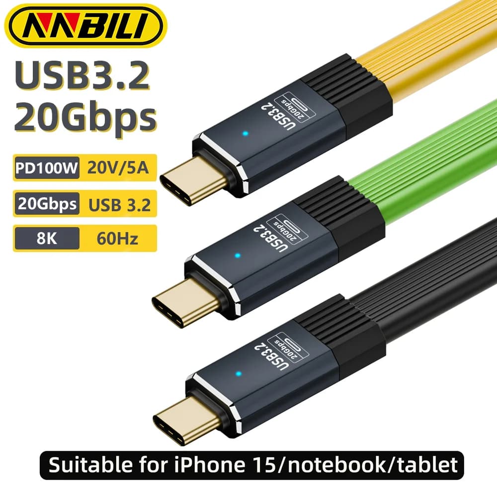 NNBILI USB3.2 20Gbps Tipo C a Tipo C Cavo dati piatto ThunderBolt 3 PD100W 5A Cavo USB-C per iPhone 15 16 Huawei Samsung Xiaomi