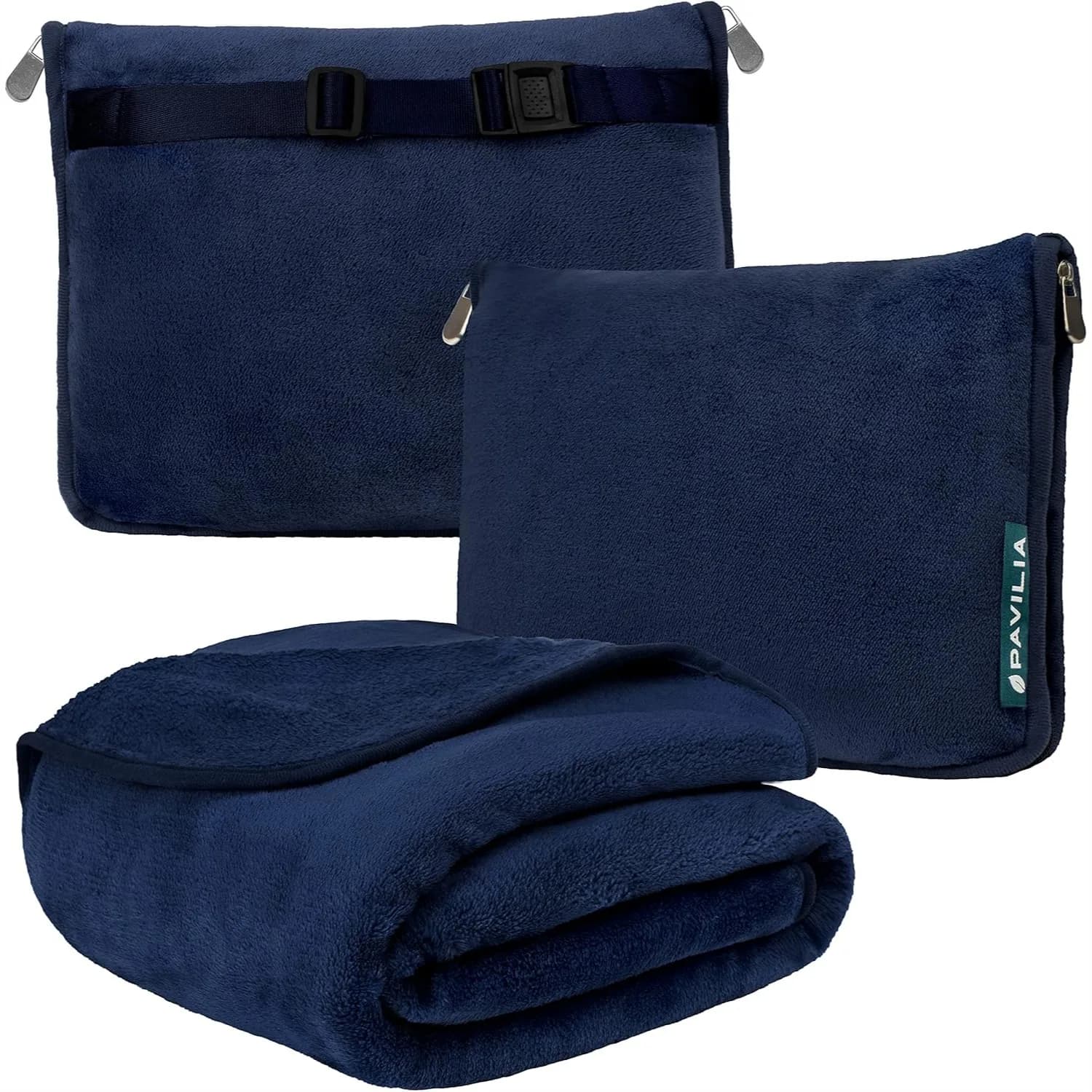 Set Coperta e Cuscino da Viaggio, Morbida Coperta per Aereo 2-in-1, Essenziali da Viaggio Compatti e Ripiegabili con Cinghia per Bagaglio, 60x43 Blu Navy