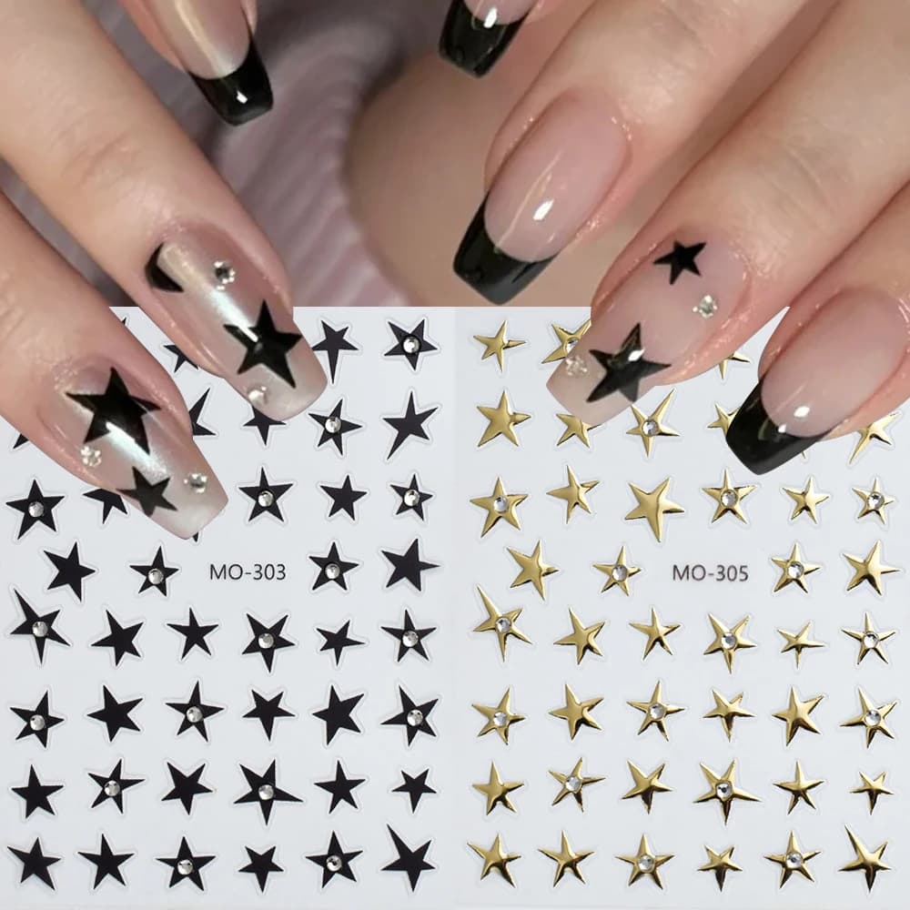2 Pezzi Adesivi 3D per Unghie con Strass Lucidi, Stelle Nere e Dorate, Cuori, Strisce, Decorazioni per Unghie Francesi, Decalcomanie per Unghie, Decorazioni Fai-da-Te per Manicure