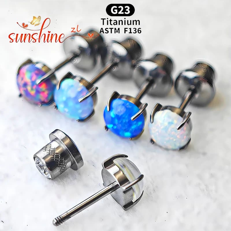 2PCS ASTM F136 Titanio Opale Pietra di luna Earbone Stud Vite Orecchini con perno per le donne Moda Orecchio Trago Cartilagine Body Piercing