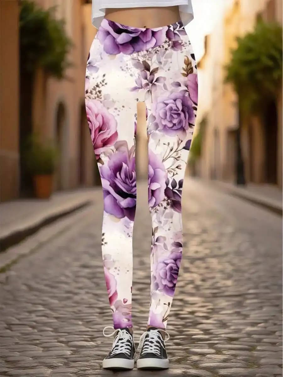 Leggings da yoga a vita alta da donna con stampa di rose viola e rosa, pantaloni sportivi elasticizzati