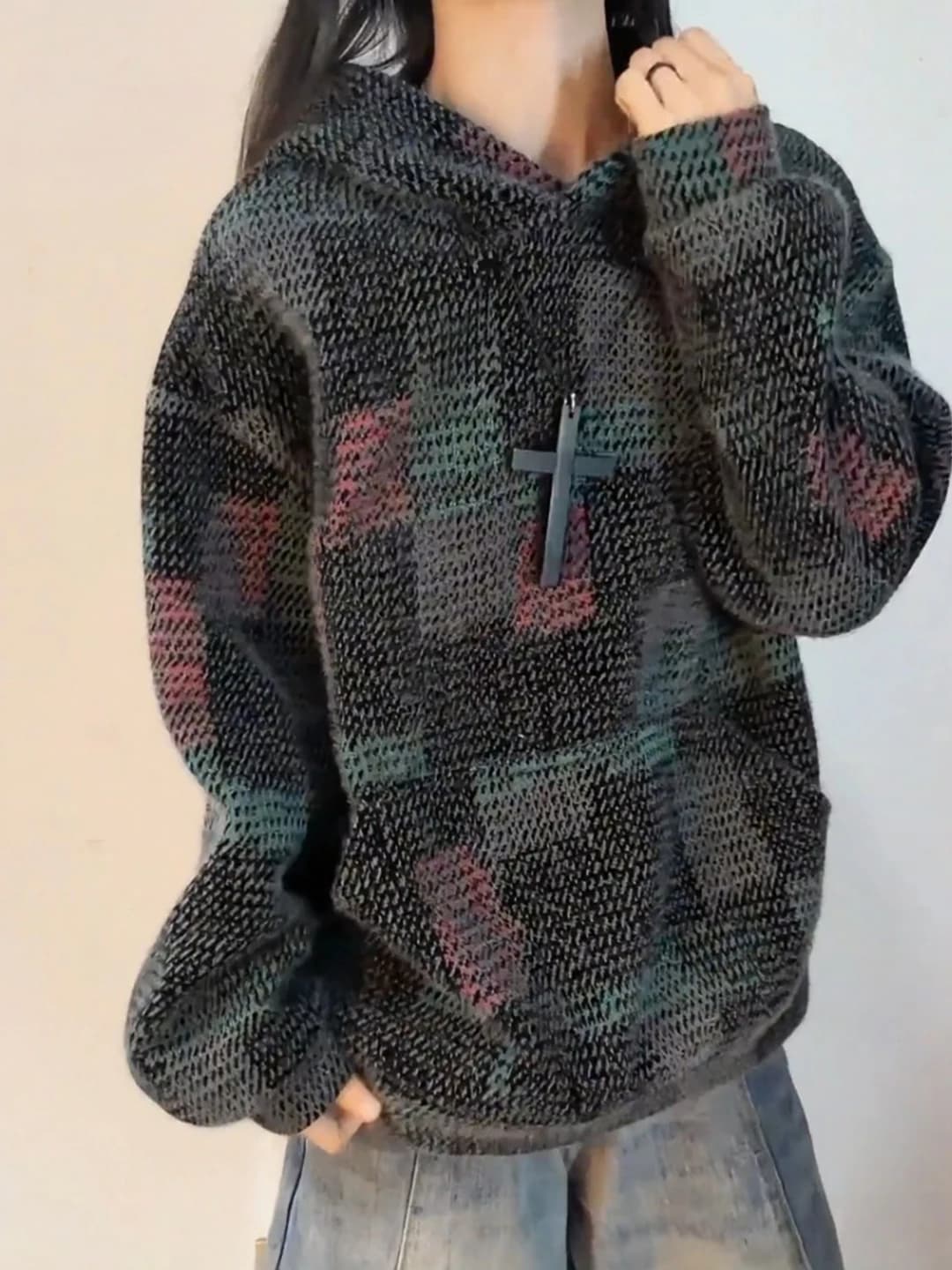 American Style Men's Knitted Hoodie Heavyweight Plaid Sweater Cleanfit Couple Outerwear Casual Loose Fit Long Sleeve