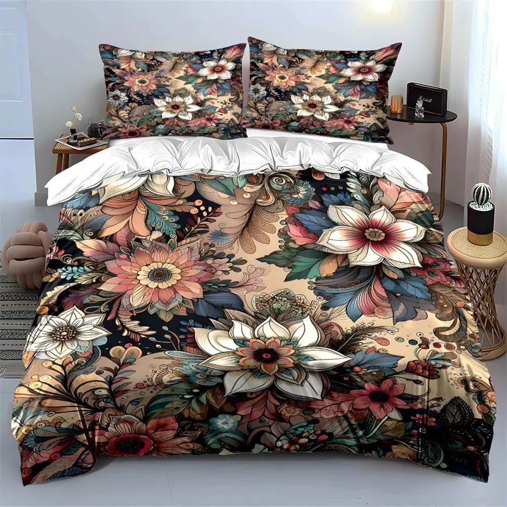 Set di biancheria da letto floreale artistico da 3 pezzi, copripiumino con stampa di fiori in stile disegnato a mano su sfondo scuro, stile boho moderno