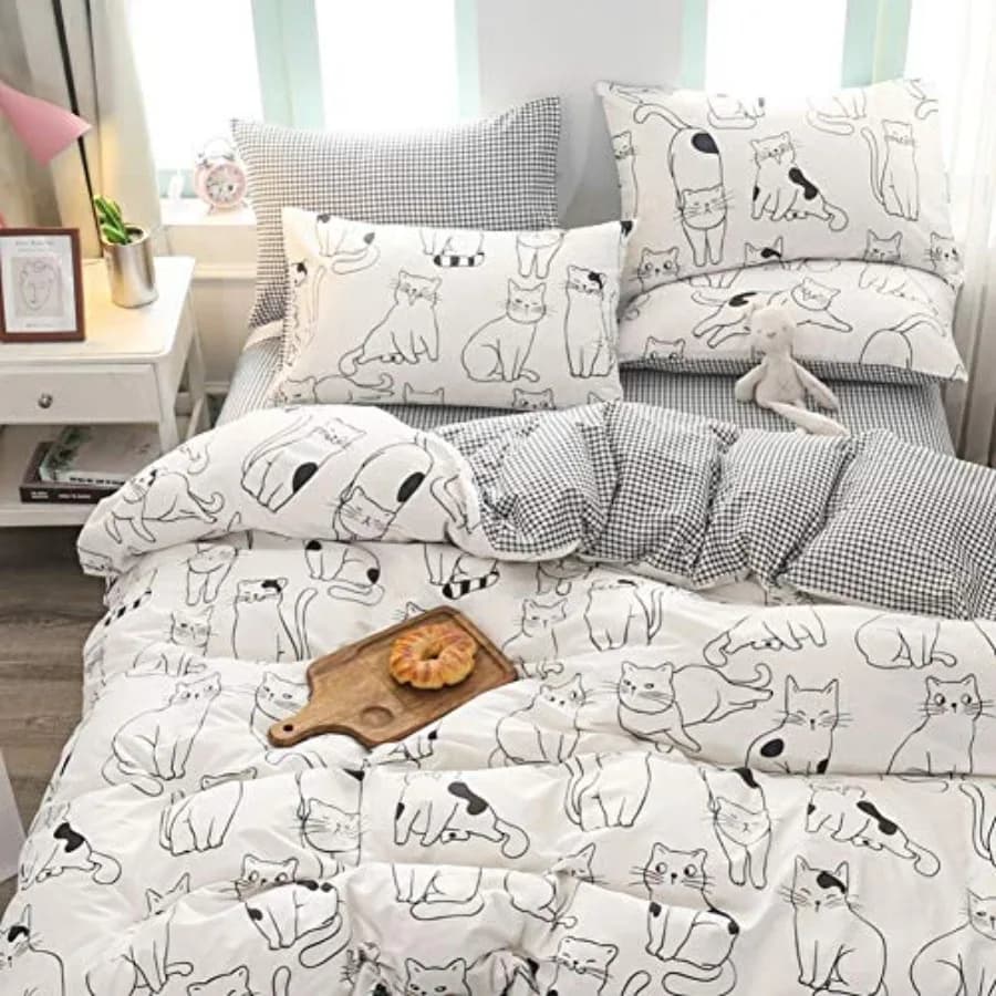 Set Copripiumino Gatti per Letto Singolo, 100% Cotone, per Ragazzi e Ragazze, Stampa Cartone Animato su Sfondo Bianco, 1 Pezzo