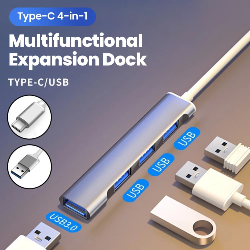 Hub USB 3.0 4 in 1, da USB/Type-C a USB 3.0 + 3 USB 2.0, docking station per telefoni, tablet, laptop, computer desktop, estensore di interfaccia USB