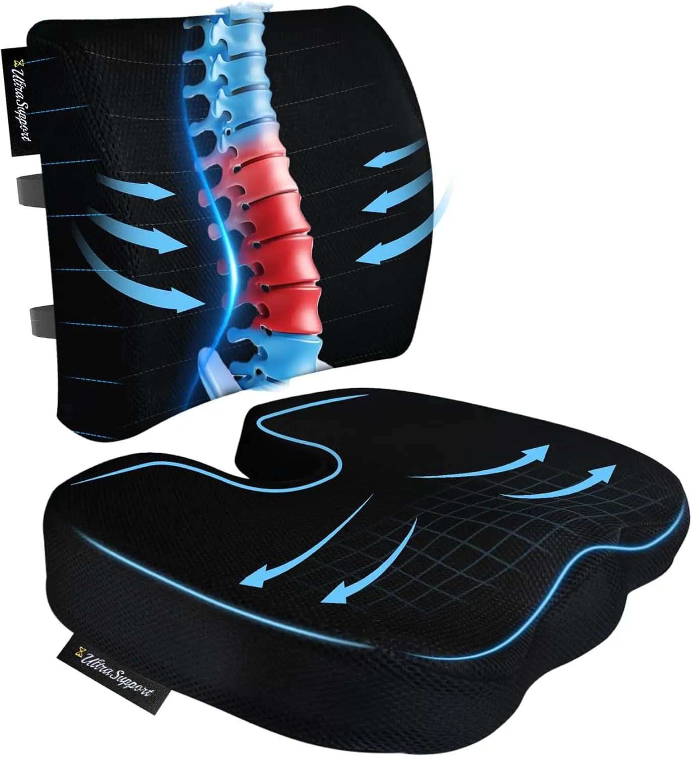 Cuscino Ergonomico in Memory Foam per Sedia da Ufficio con Supporto Lombare per Alleviare il Mal di Schiena, Antiscivolo Nero