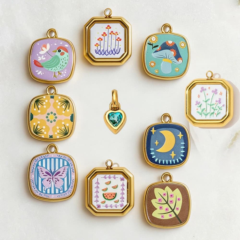 Colorful Pendant Oil Painting Series Mushroom Watermelon Flower Bird Butterfly DIY Making Women Necklace Bracelet Jewelry INS