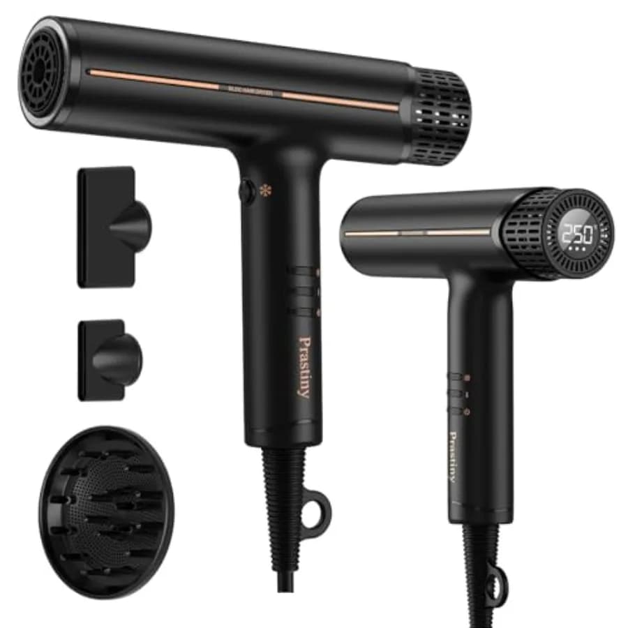 Asciugacapelli ionico per uso domestico e professionale, corpo in plastica ABS nero opaco, asciugatura rapida con display LCD, tecnologia di autopulizia, 4 livelli di calore.