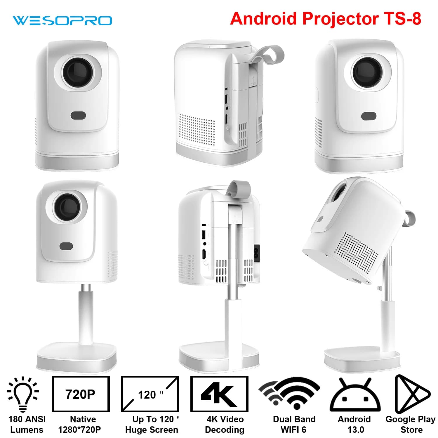 WESOPRO Smart Mini Proiettore Gimbal con sollevamento nascosto 4K Portatile con Wifi 6 Bluetooth 5.0 Android 13 Auto Keystone Home Theater