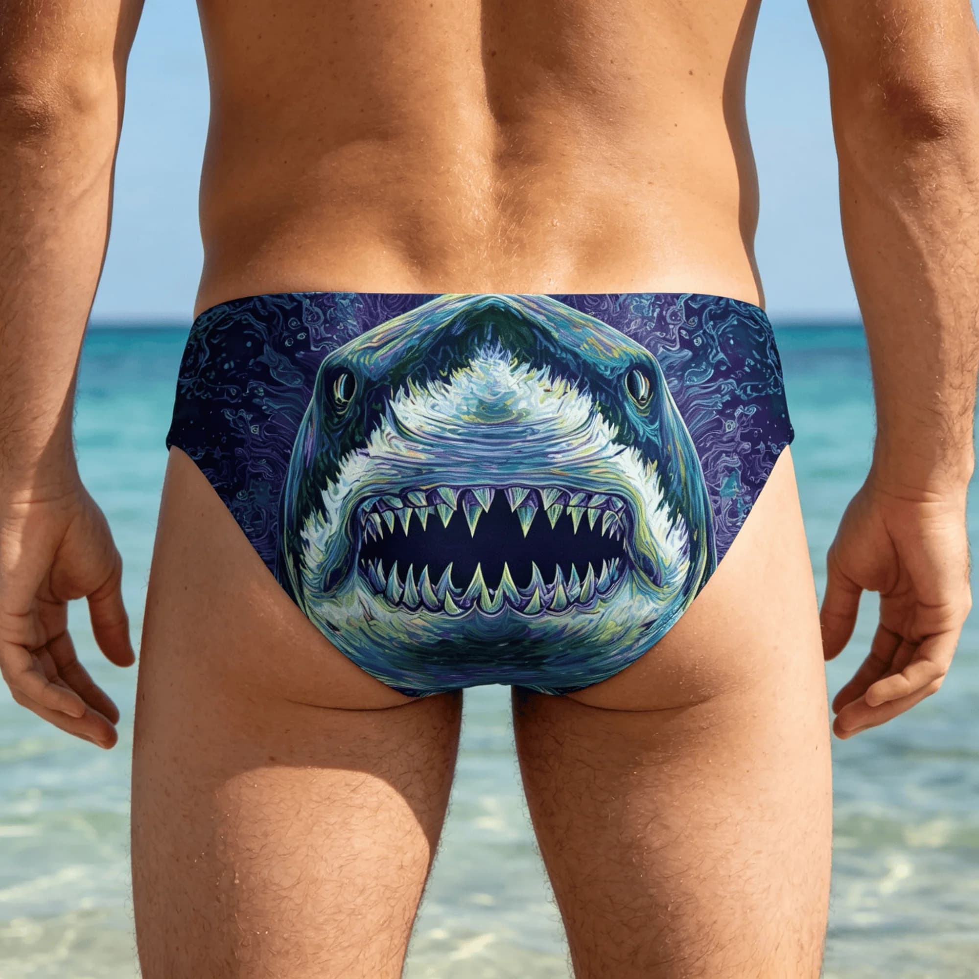 Costume da bagno con stampa di squali psichedelici, elastico, morbido e delicato sulla pelle, costume da bagno da uomo, per spiaggia, carnevali, parchi acquatici, costume da bagno divertente e originale
