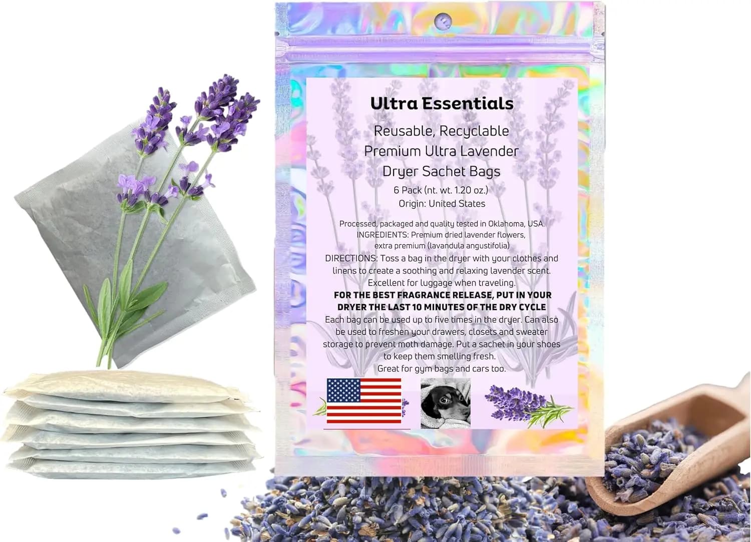 Sacchetto alla Lavanda per Asciugatrice, Profumazione Naturale, Rinfresca Bucato, Armadi, Cassetti, Scarpe, Borse da Palestra, Auto, Confezione da 6