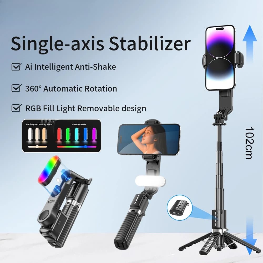 Stabilizzatore Gimbal Q35, Stabilizzatore Gimbal a 1 Asse con Luce di Riempimento 360° ° Rotazione con telecomando per Android e iPhone