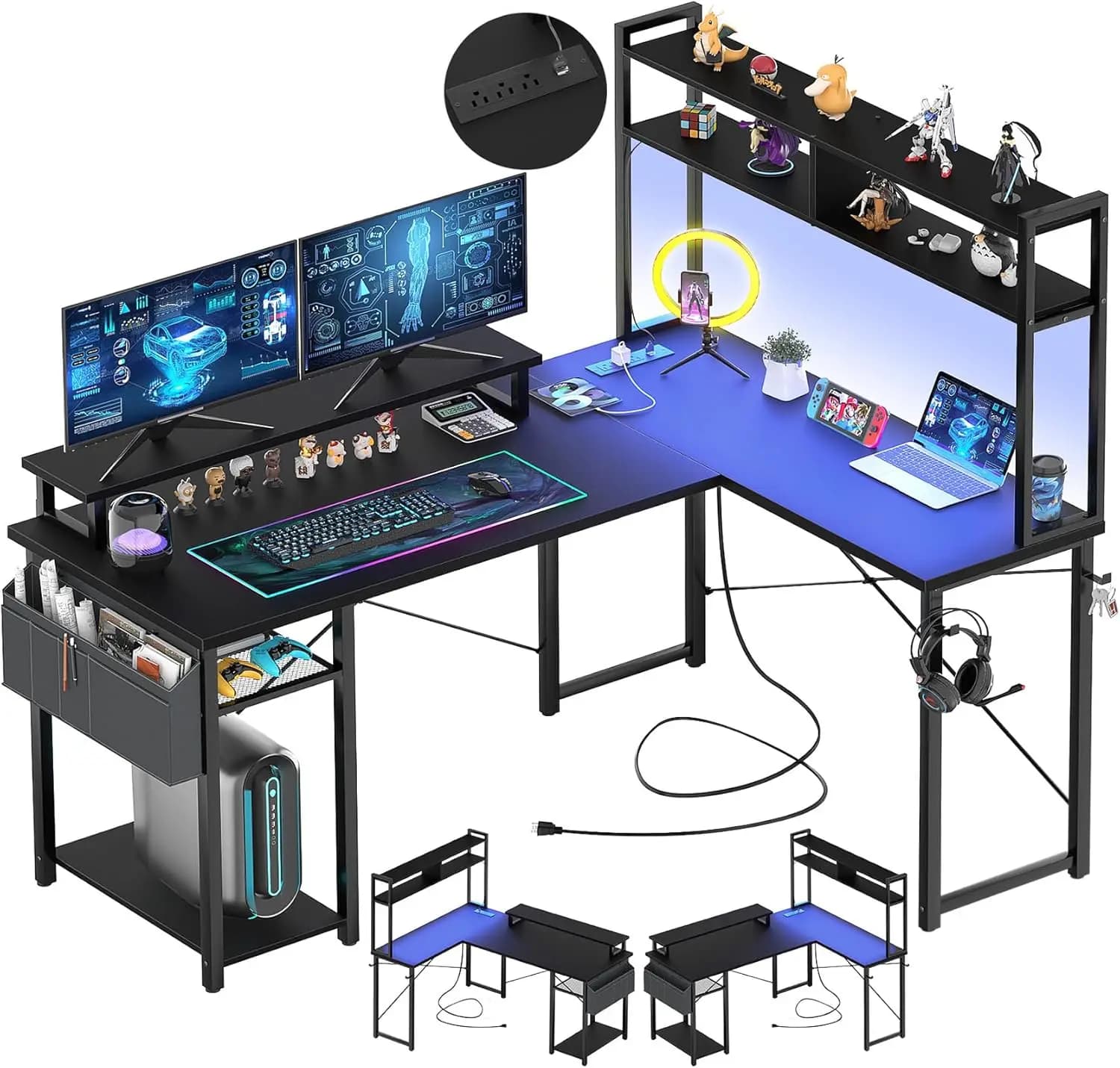 Small L-shaped gaming desk with LED lights, power sockets, monitor support and home office shelf