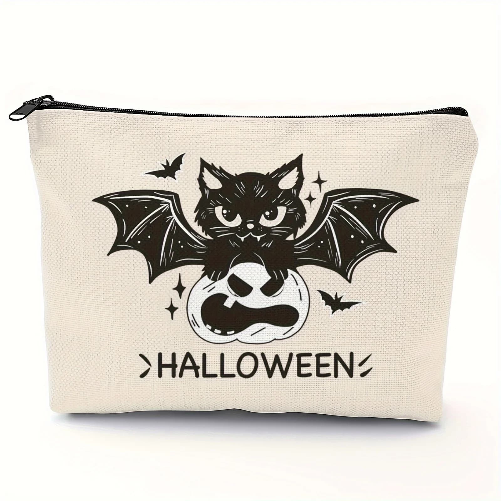 Halloween Cute Cat Bat and Pumpkin Pattern Cosmetic Bag Makeup Bag Zipper Pouch Lightweight Makeup Organizer for Travel